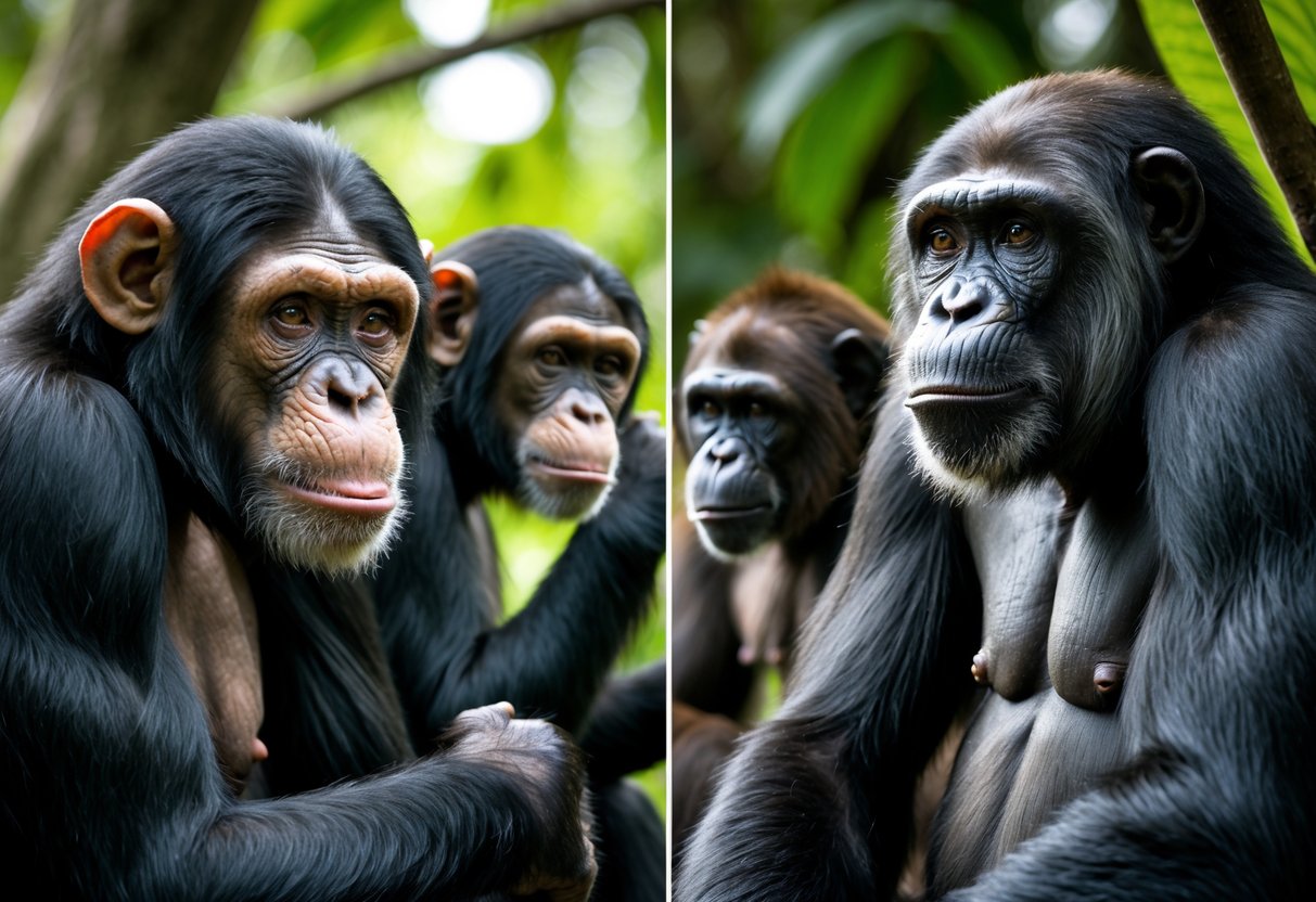 A male chimpanzee showing assertive behavior next to a calm female chimpanzee, with a group of peaceful bonobos nearby in a green forest setting.