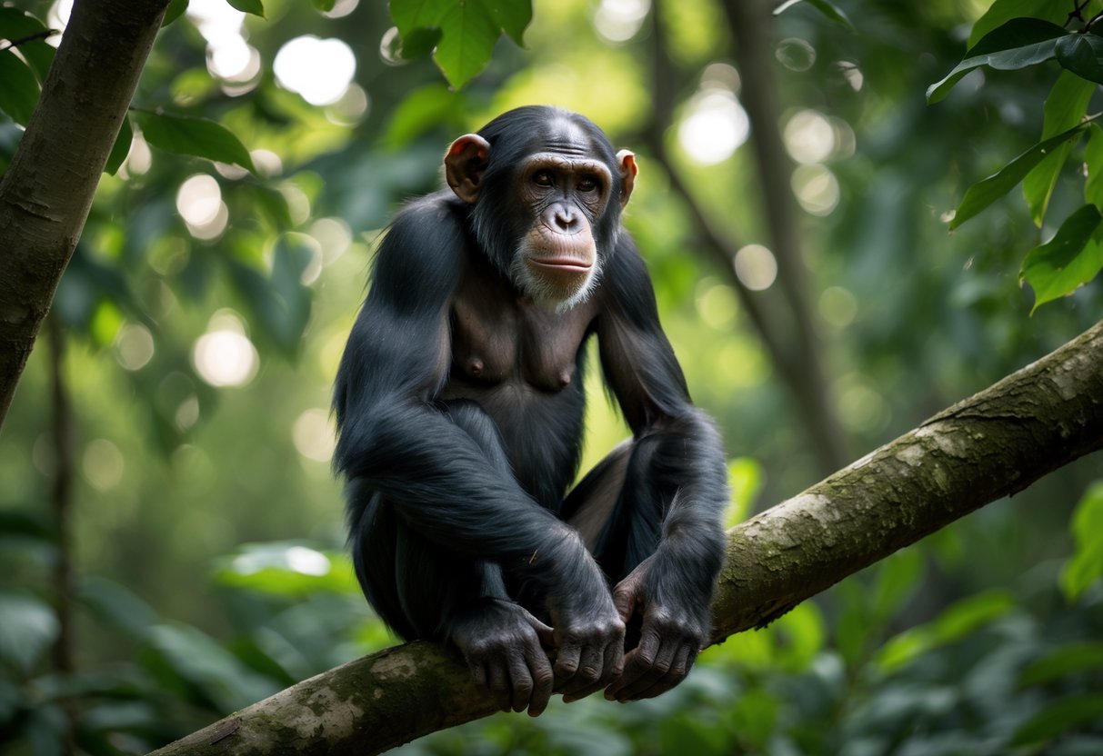 A young adult chimpanzee sitting on a tree branch in a green forest, looking alert and focused.