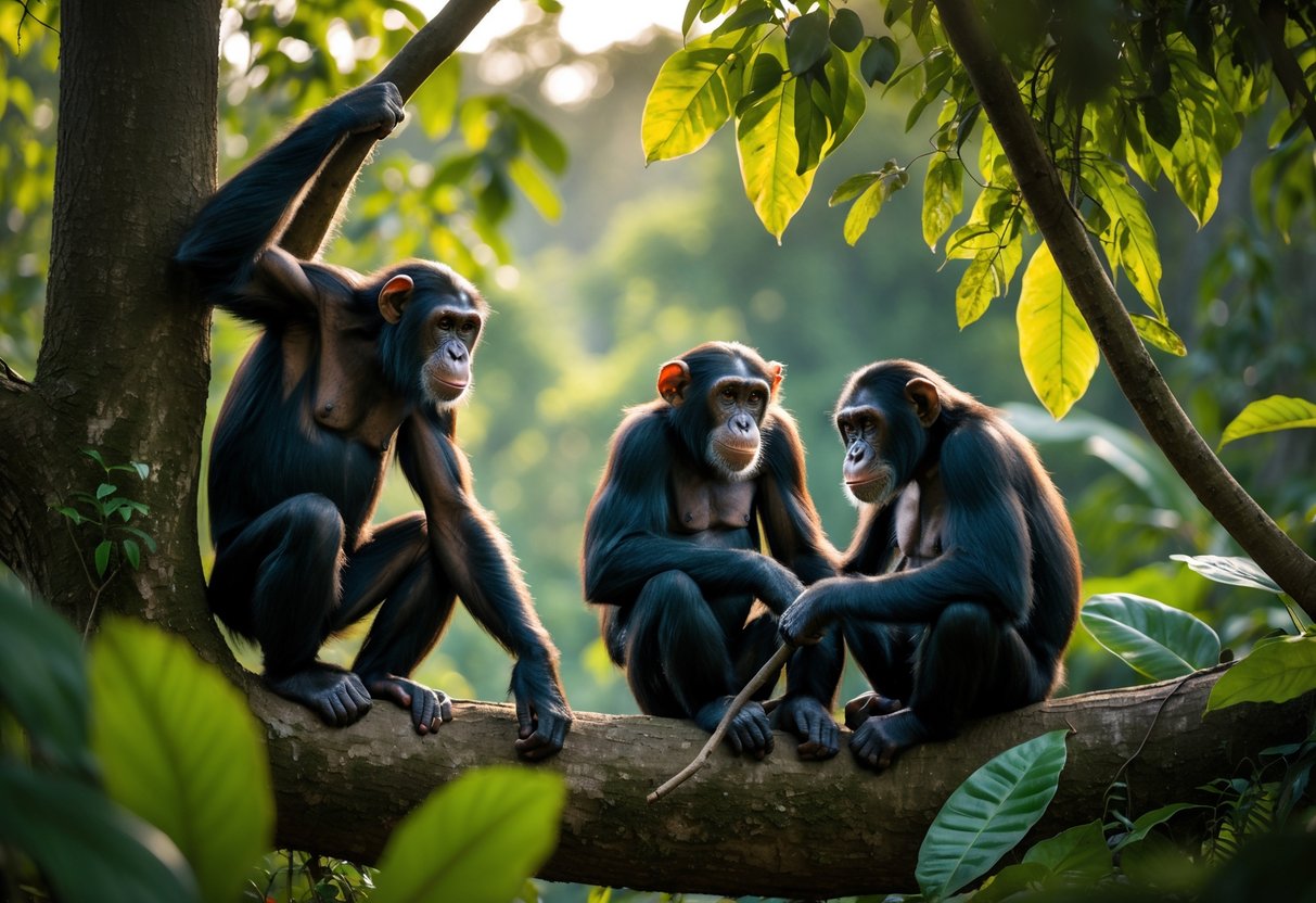 A group of chimpanzees in a jungle, climbing trees, grooming each other, and playing on the ground.