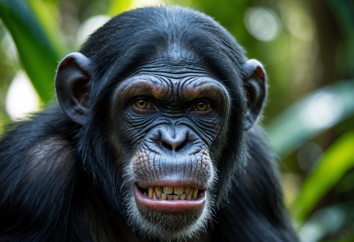 Close-up of a chimpanzee in a jungle showing an intense and focused expression.