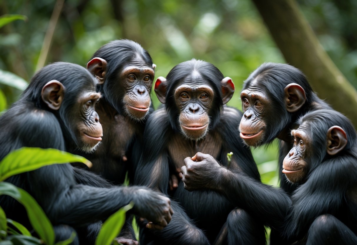 A group of young chimpanzees interacting in a forest, showing playful and slightly aggressive behaviors.