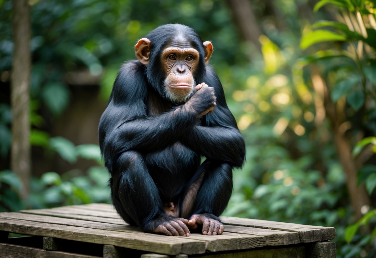 A chimpanzee sitting thoughtfully on a wooden platform surrounded by green foliage.