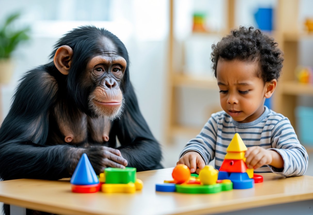 A chimpanzee and a young child sitting at a table, both focused on colorful educational toys and puzzles.