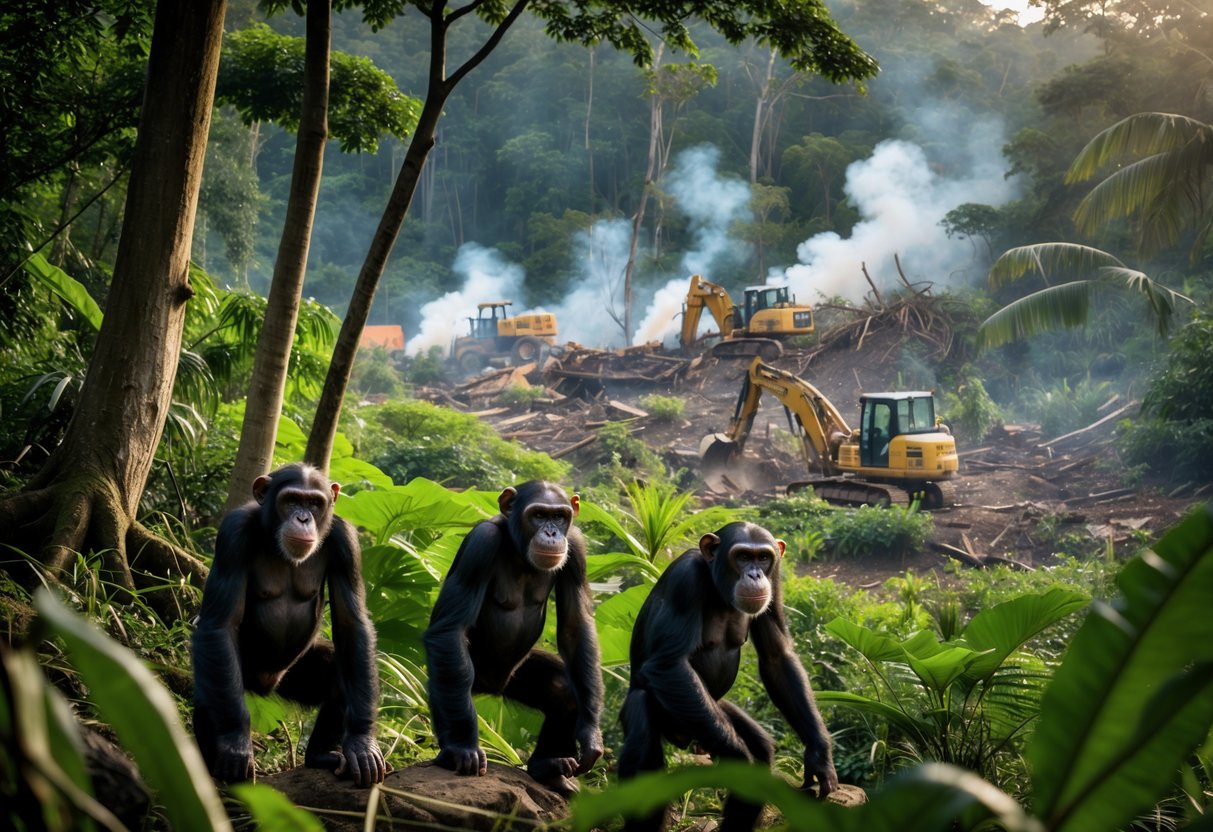 A group of chimpanzees in a rainforest near an area of deforestation with tree stumps and machinery visible in the background.