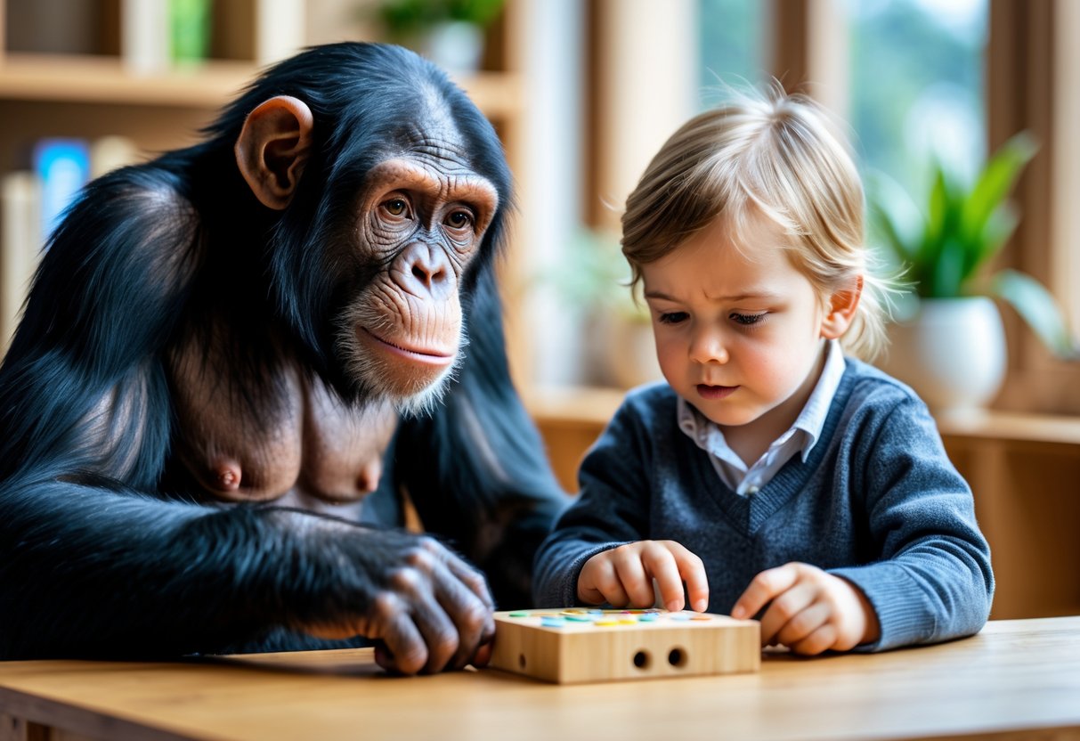 A chimpanzee and a five-year-old child sitting side by side at a table, both looking at a puzzle or educational toy between them.