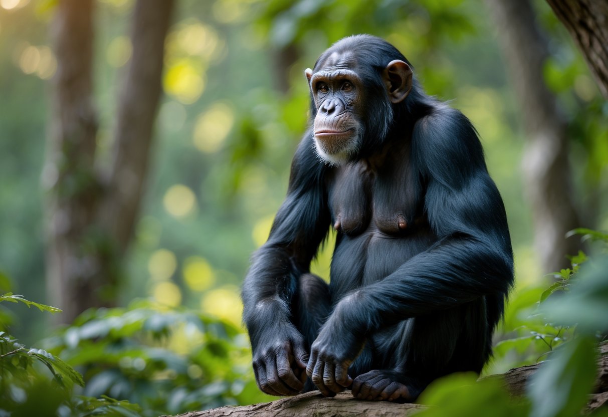 An adult male chimpanzee sitting in a forest, looking thoughtfully into the distance.