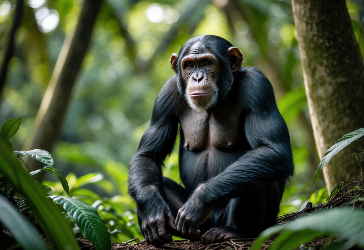 A male chimpanzee sitting on the forest floor surrounded by green trees and plants.