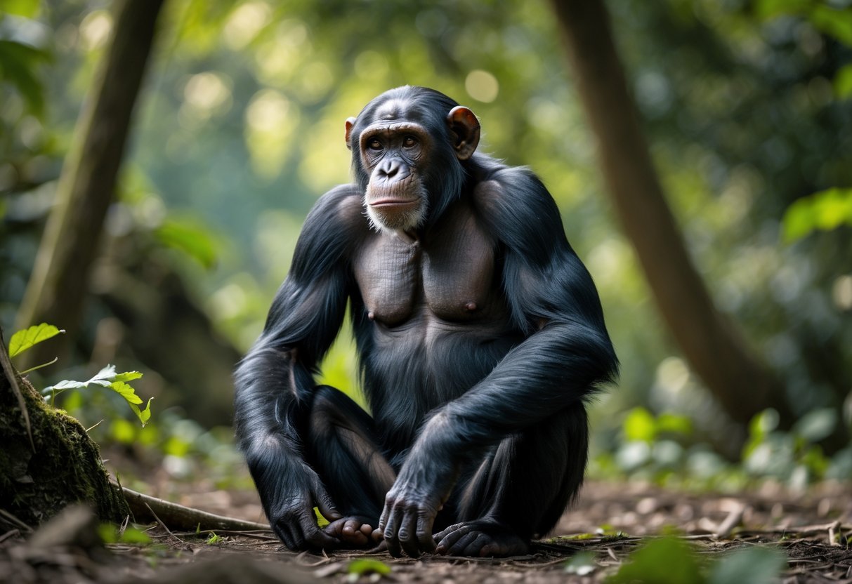 A fully grown chimpanzee sitting on the forest floor surrounded by green foliage.