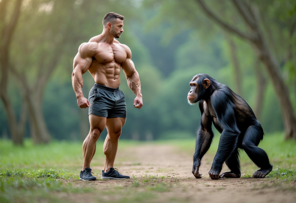 A muscular man and a chimpanzee face each other outdoors in a calm setting.