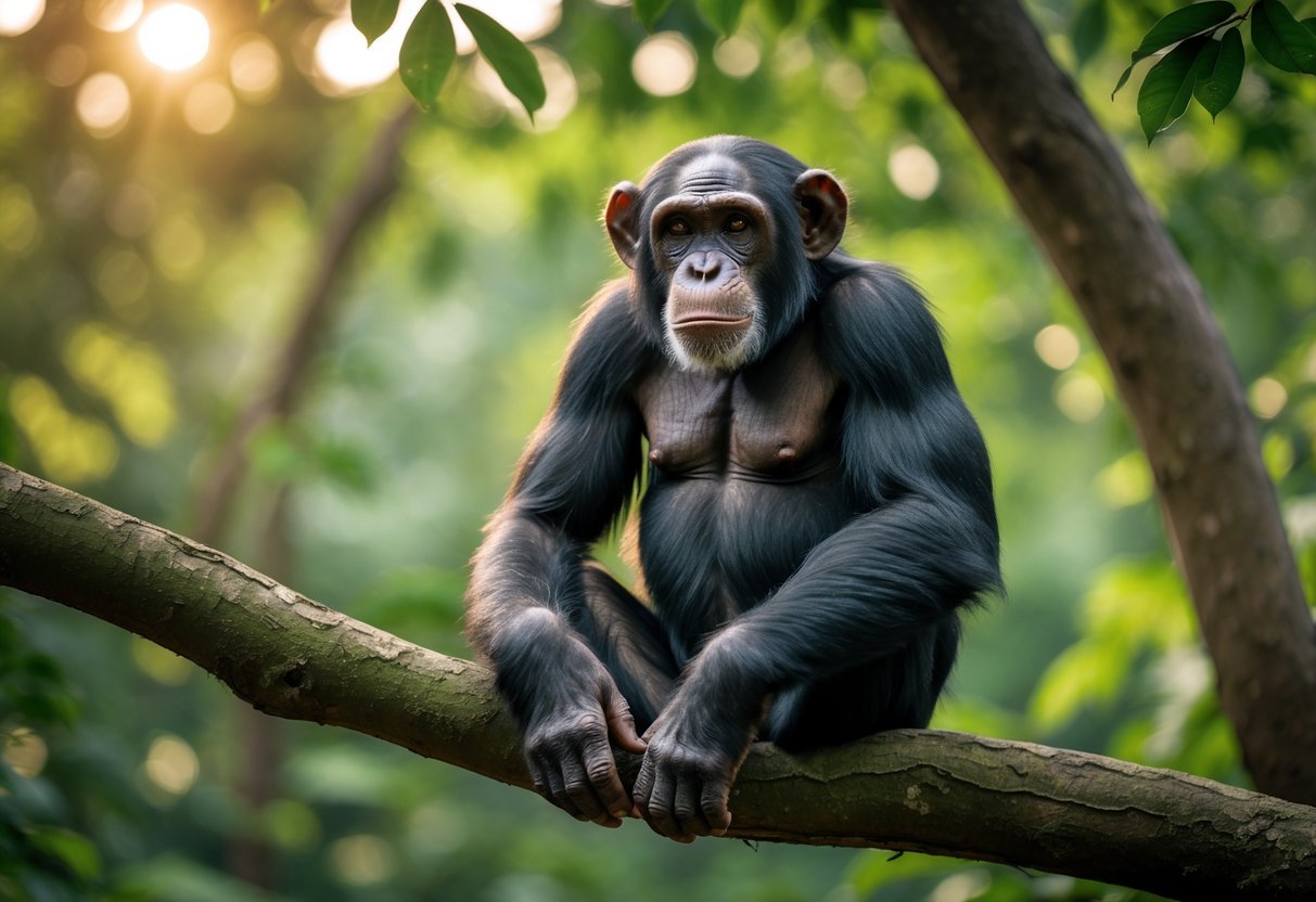 A fully grown chimpanzee sitting on a tree branch in a forest.