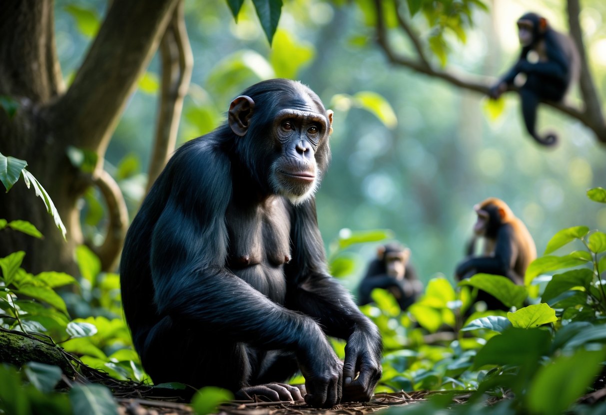 A chimpanzee sitting on the forest floor with green trees and monkeys visible in the background.