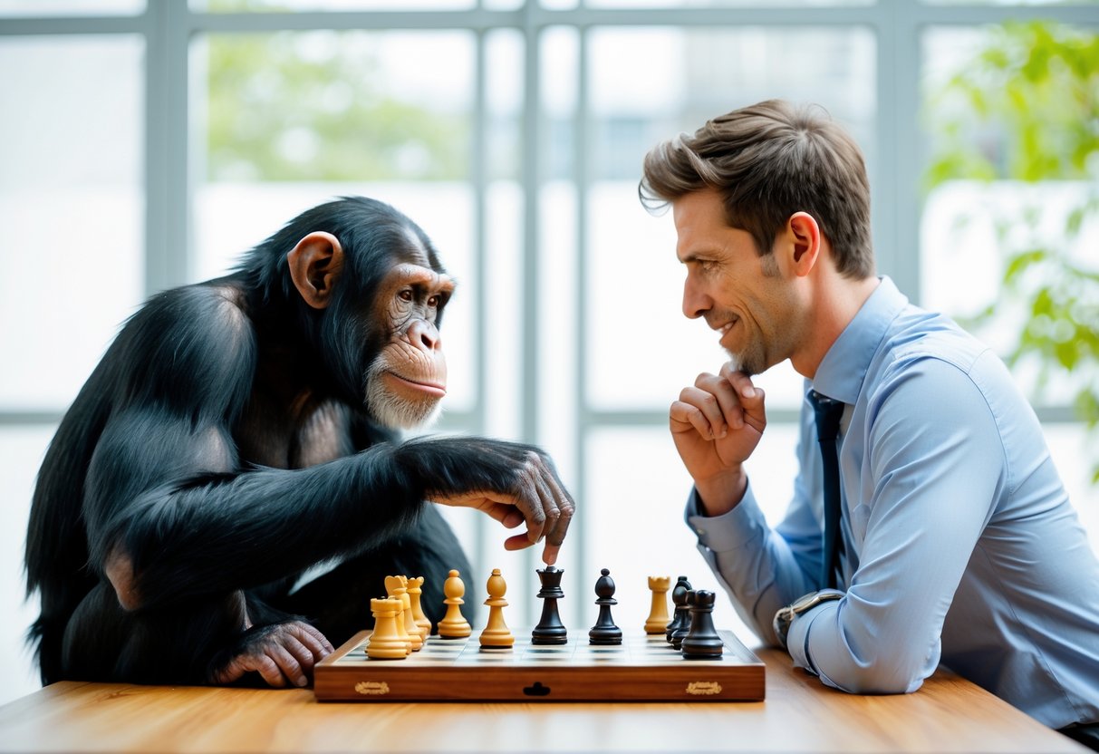 A chimpanzee and a human sitting across from each other at a table, both focused on a chessboard between them.