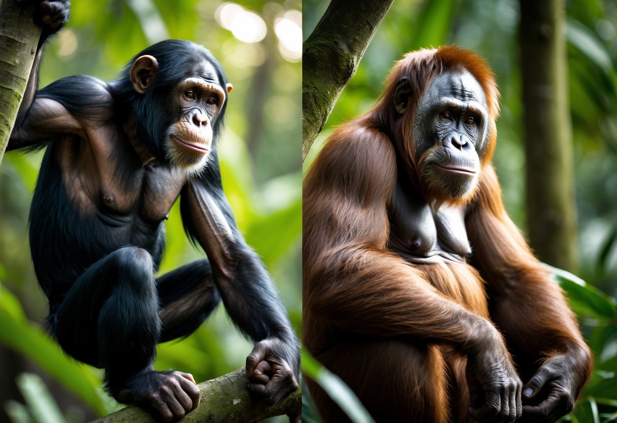 A chimpanzee and an orangutan together in a jungle, showing their size and strength differences.
