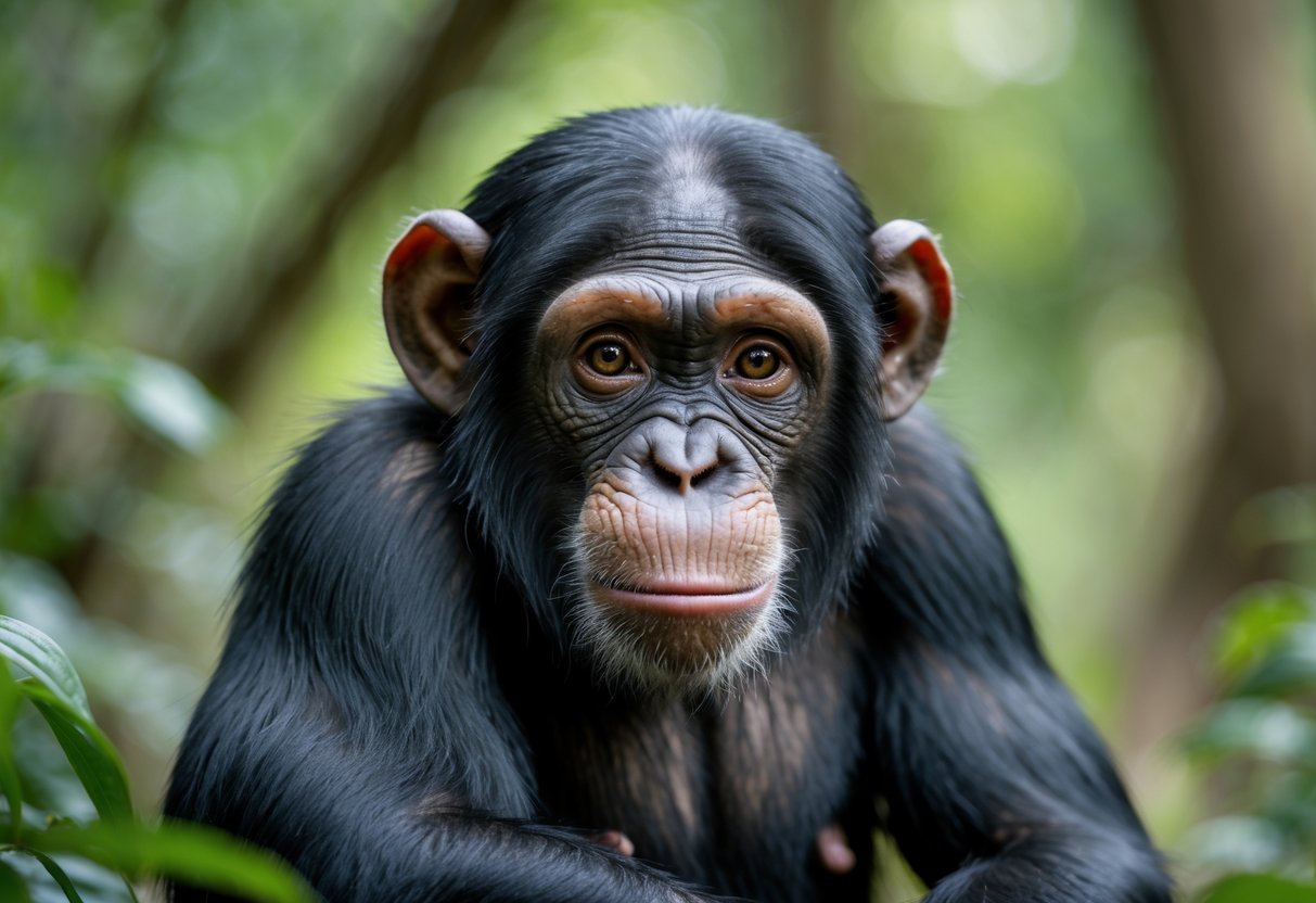 Close-up of a chimpanzee sitting in a forest, looking thoughtful with detailed facial features.