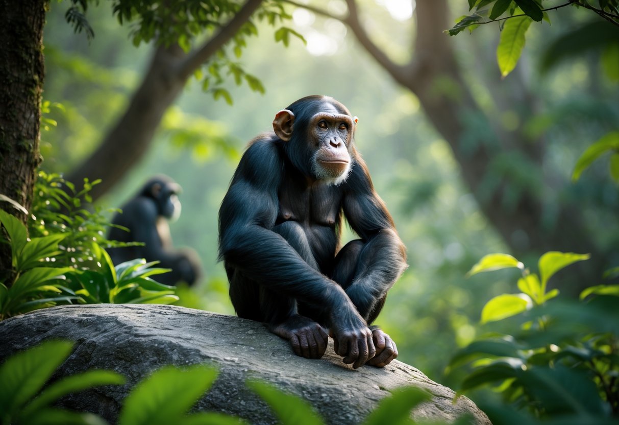 A chimpanzee sitting on a rock in a forest, looking thoughtfully into the distance.
