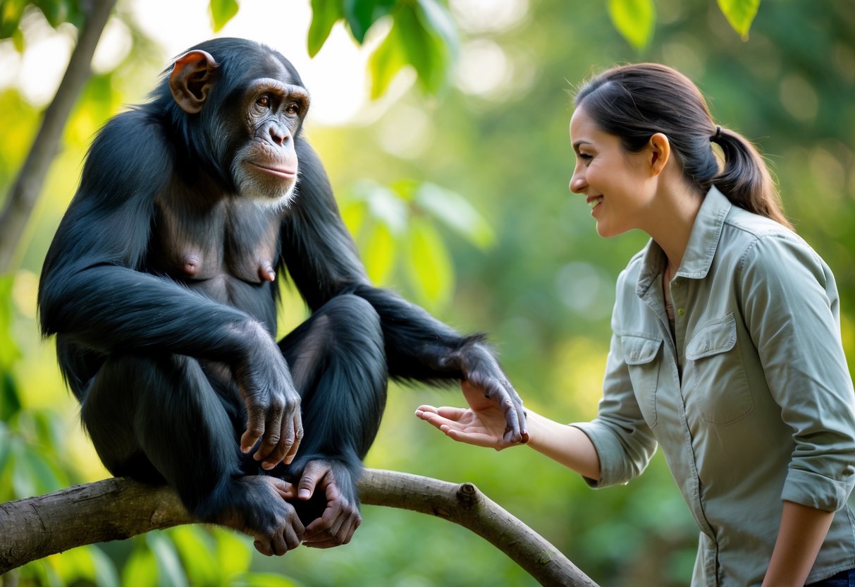 A chimpanzee sitting on a tree branch reaching out to a smiling human who is gently extending a hand towards it in a green outdoor setting.