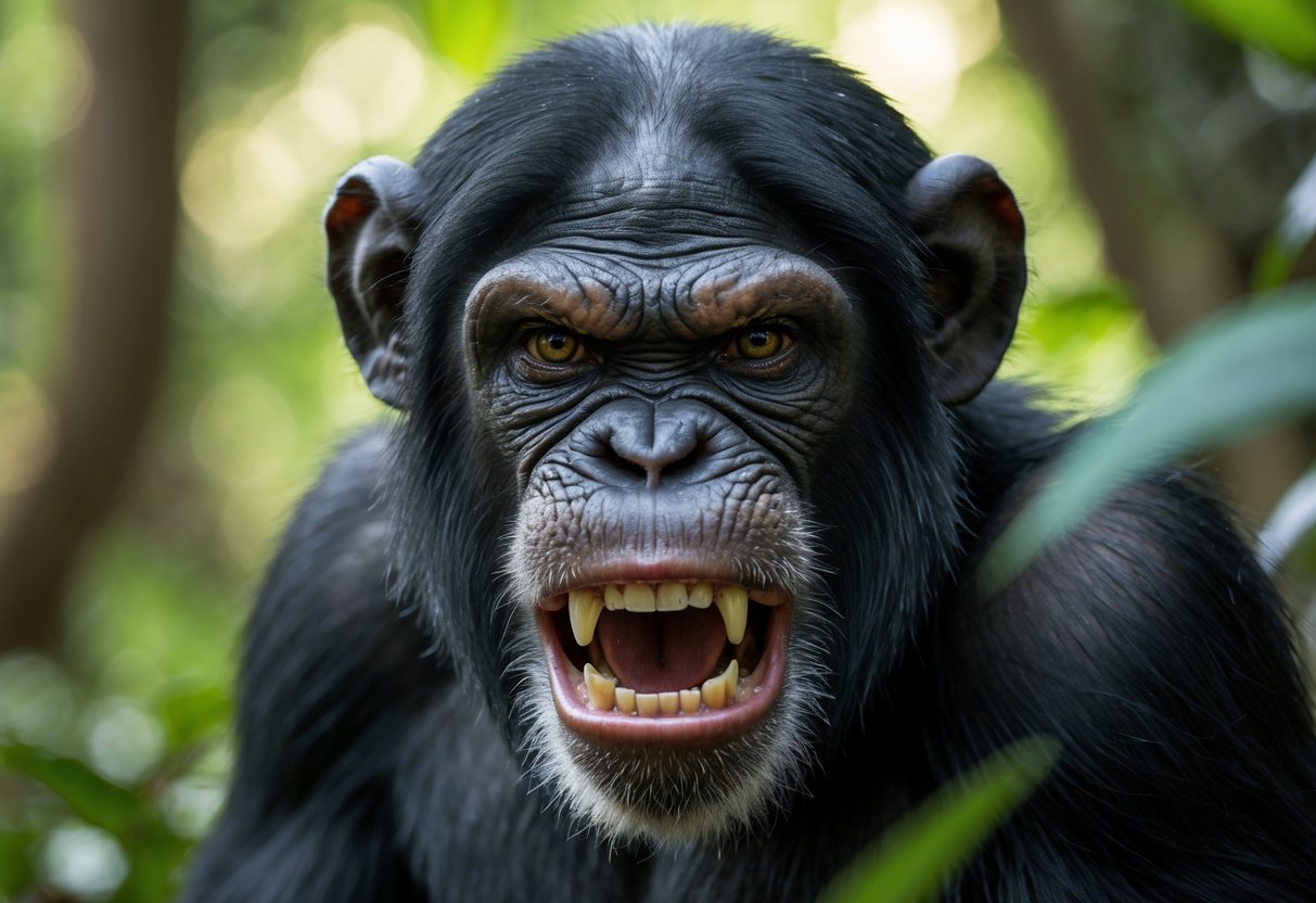 Close-up of an angry chimpanzee showing its teeth in a forest.