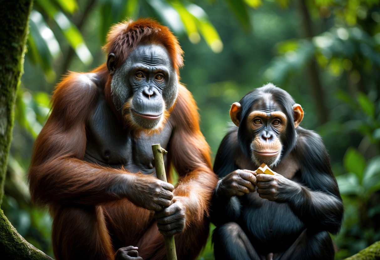 An orangutan and a chimpanzee sitting together in a jungle, both looking curious and engaged with simple tools.