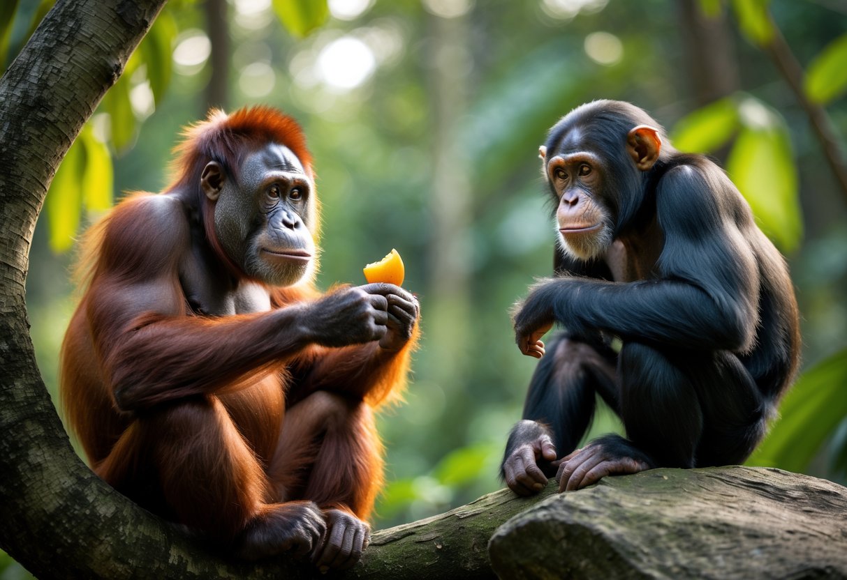 An orangutan and a chimpanzee facing each other in a green forest, showing curious and intelligent expressions.