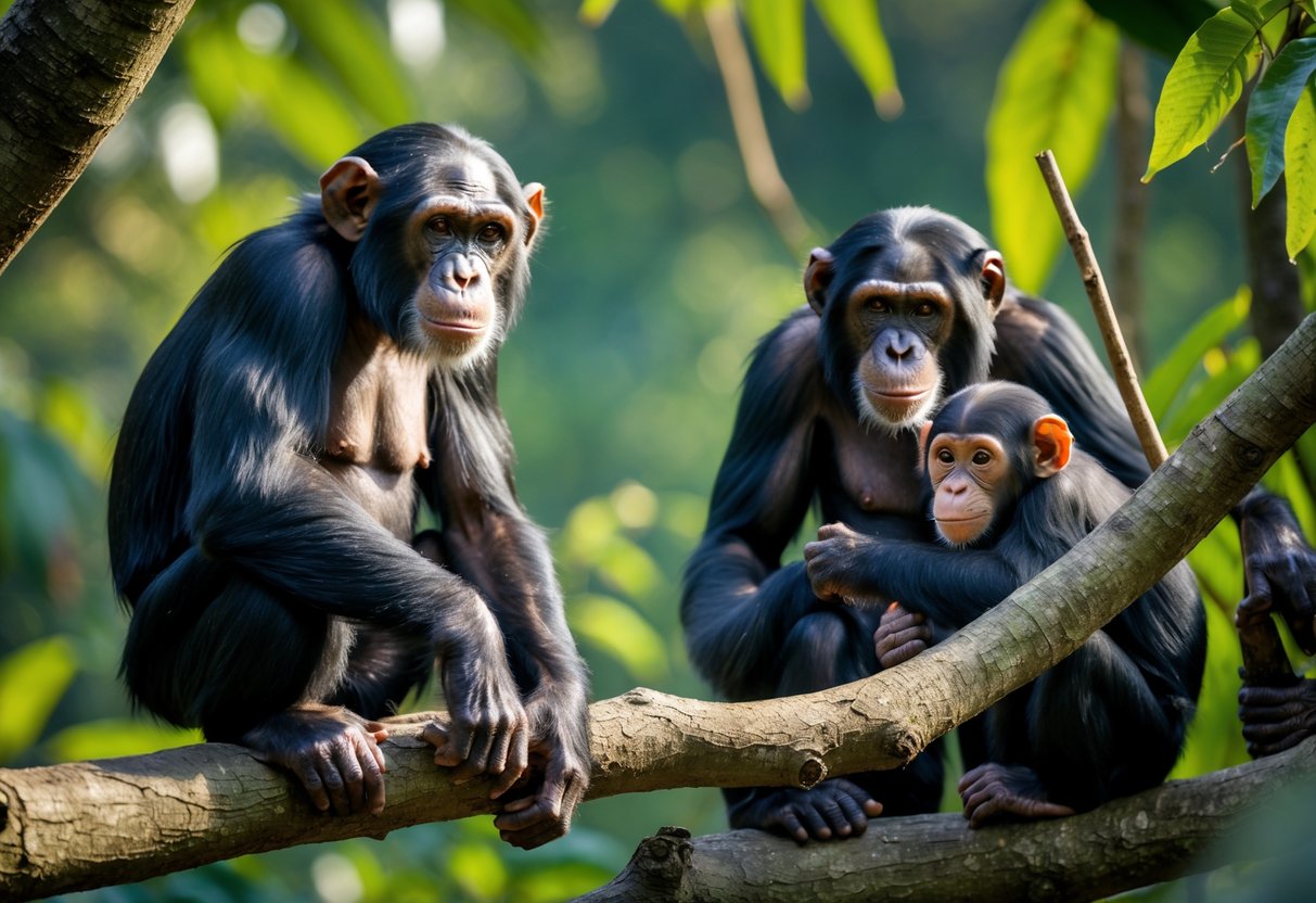 A group of chimpanzees in a green forest, one sitting on a branch, another using a stick, and a mother caring for her baby.