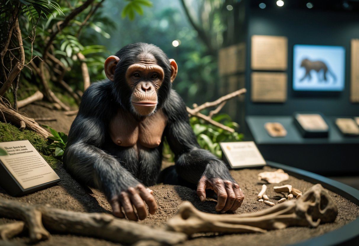 A museum exhibit showing a lifelike model of an extinct chimpanzee in a jungle habitat diorama with bones and scientific artifacts in the background.