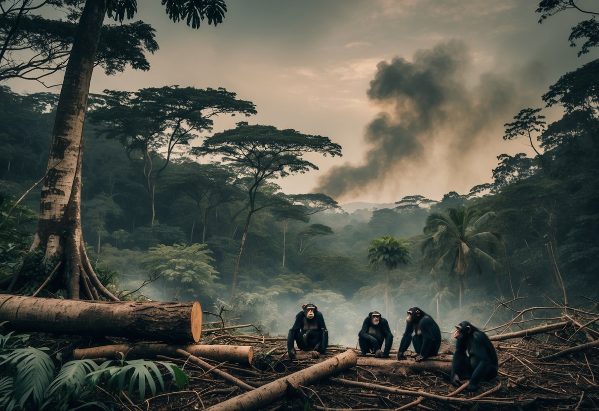 A rainforest scene showing trees being cut down, a few chimpanzees looking distressed, and smoke rising in the distance.