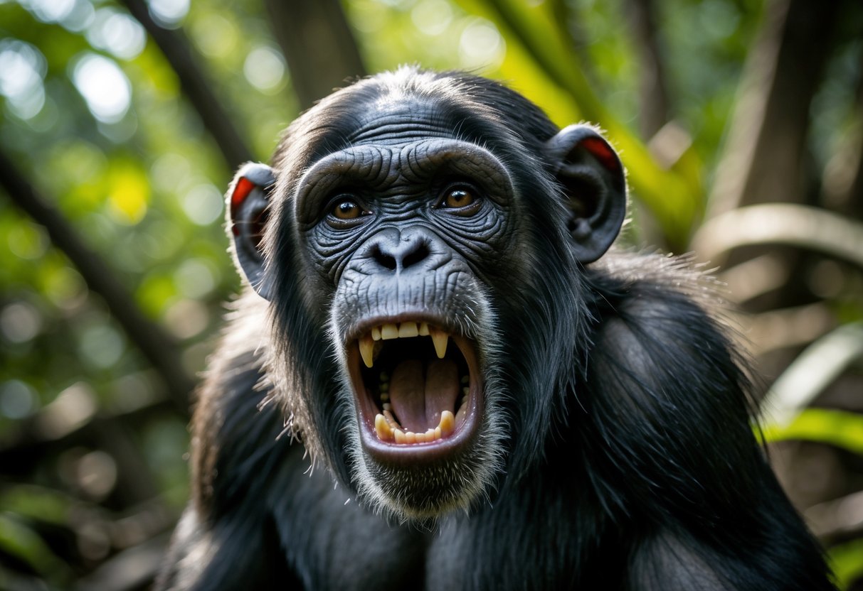 A chimpanzee screaming with its mouth open in a forest setting.
