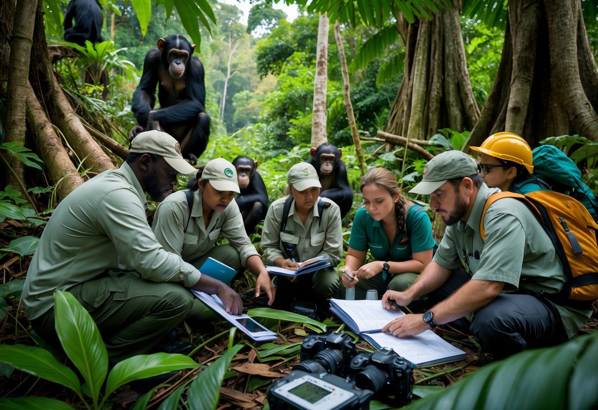 Conservationists studying chimpanzee habitat in a tropical forest with signs of deforestation in the background.
