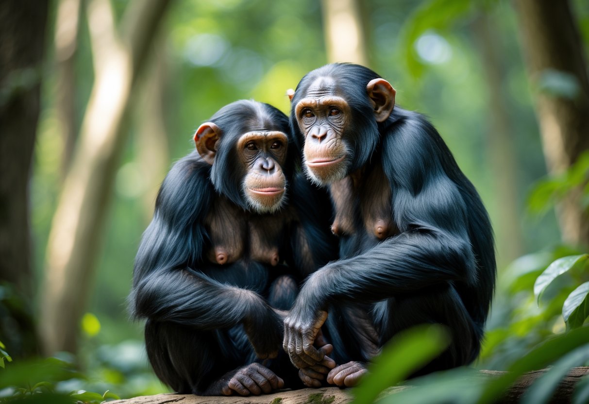 Two chimpanzees sitting close together in a forest, showing a gentle connection between them.