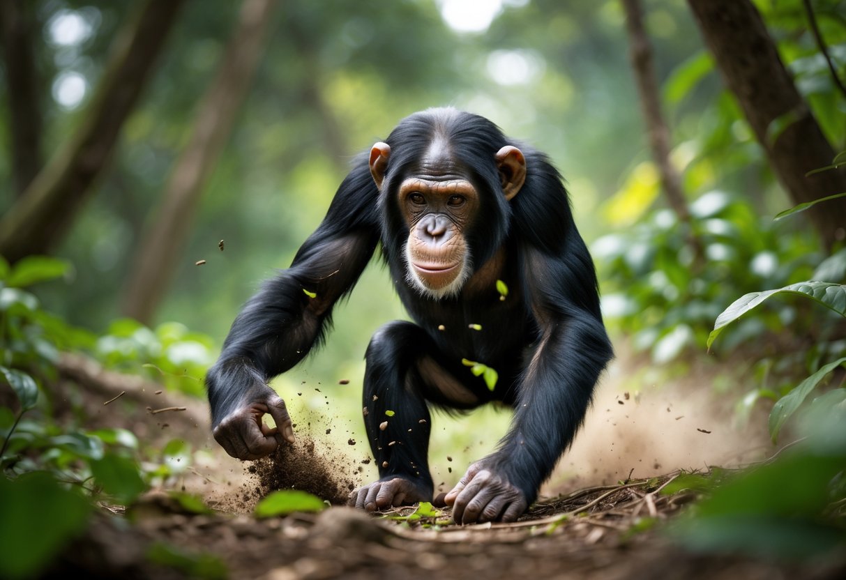 A chimpanzee slapping the ground with one hand in a forest setting.