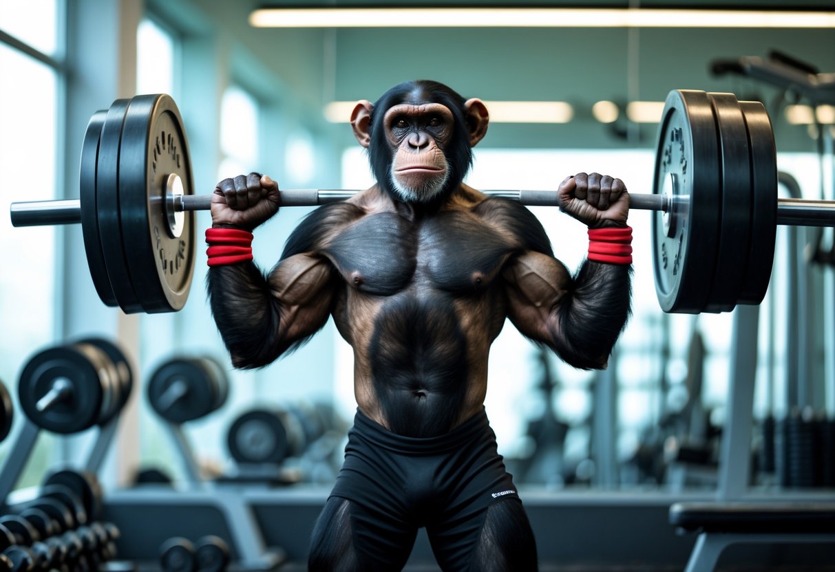 A chimpanzee lifting a barbell in a gym surrounded by workout equipment.