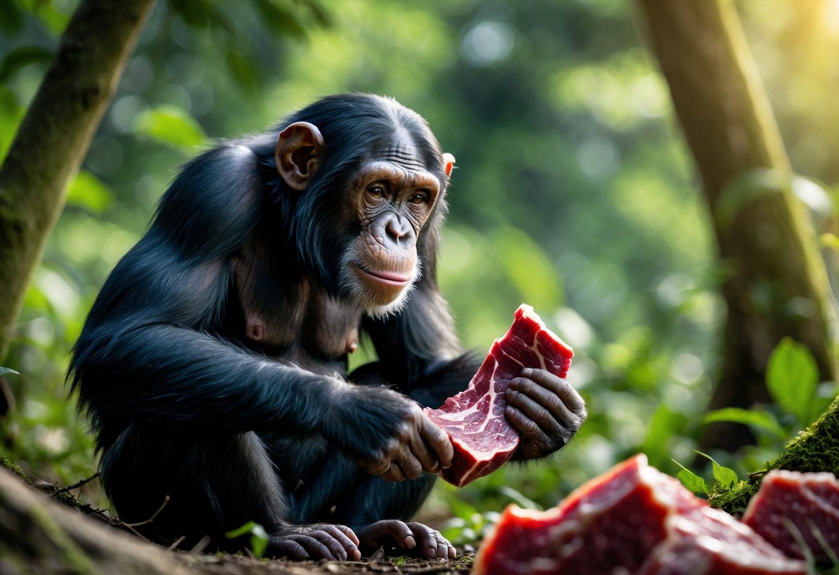 A chimpanzee sitting in a forest holding and looking at a piece of raw meat.