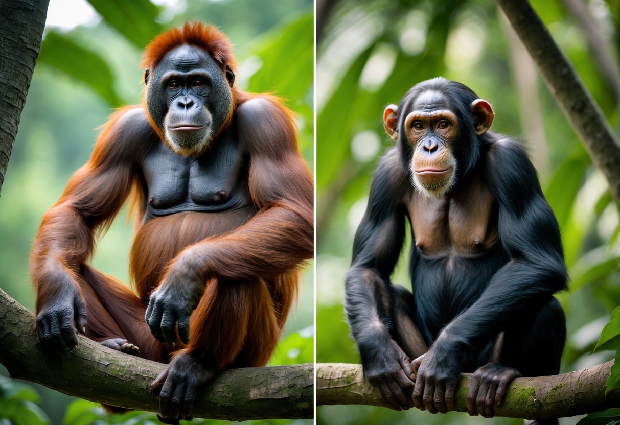 An orangutan sitting on a tree branch next to a smaller chimpanzee in a jungle.