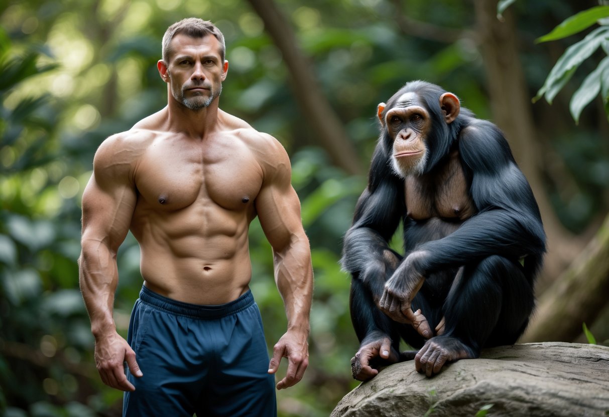 A muscular man standing next to a chimpanzee sitting on a rock outdoors surrounded by green foliage.