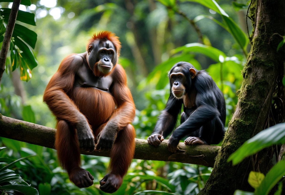An adult orangutan sitting on a tree branch and a smaller chimpanzee on the forest floor in a dense tropical forest.