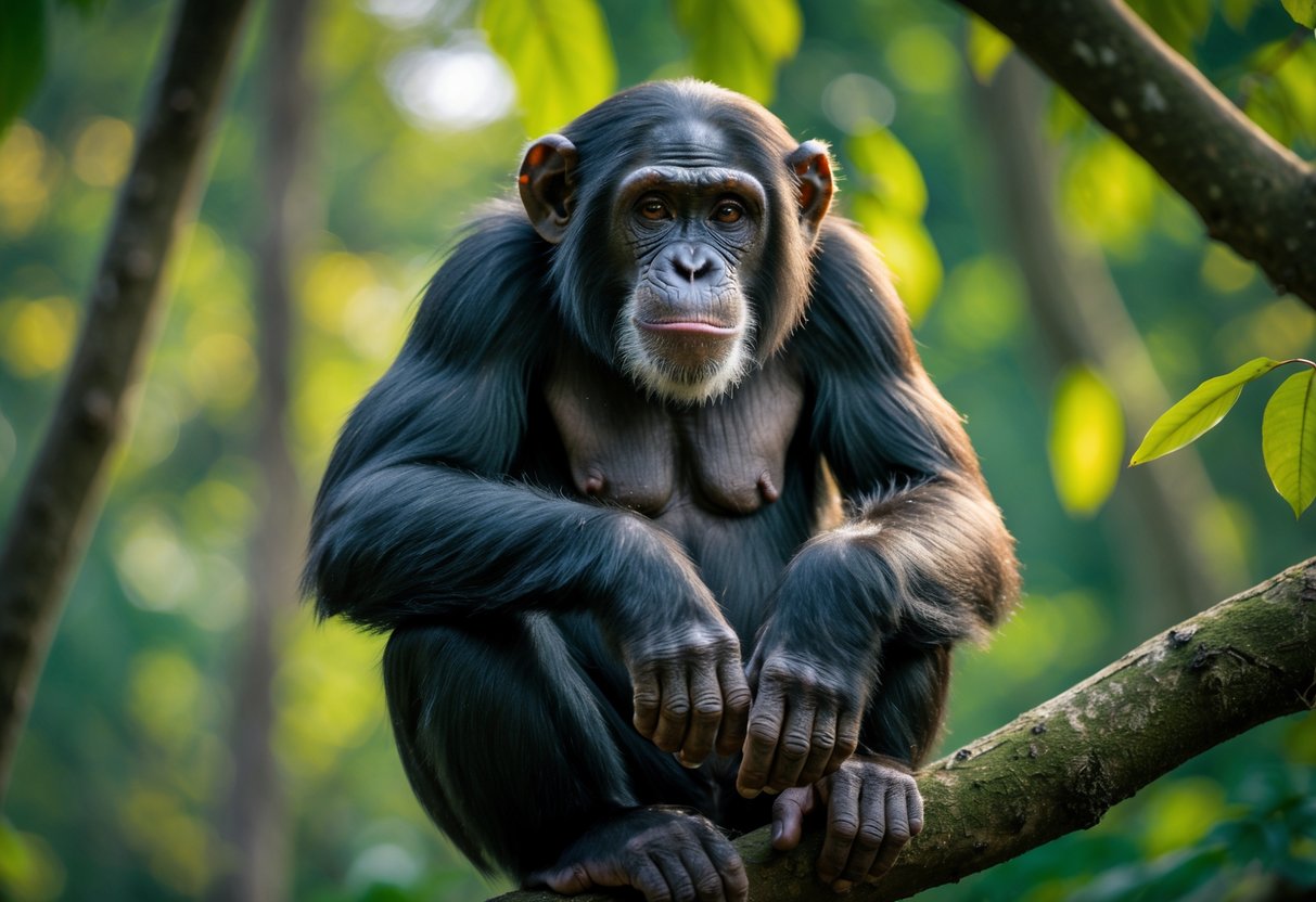 A mature chimpanzee sitting on a tree branch in a green forest, looking thoughtful.