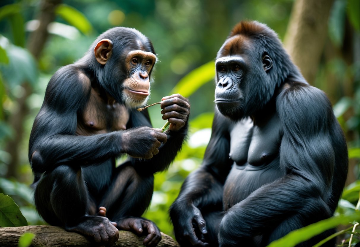 A chimpanzee and a gorilla sitting side by side in a jungle, both looking thoughtful and calm.