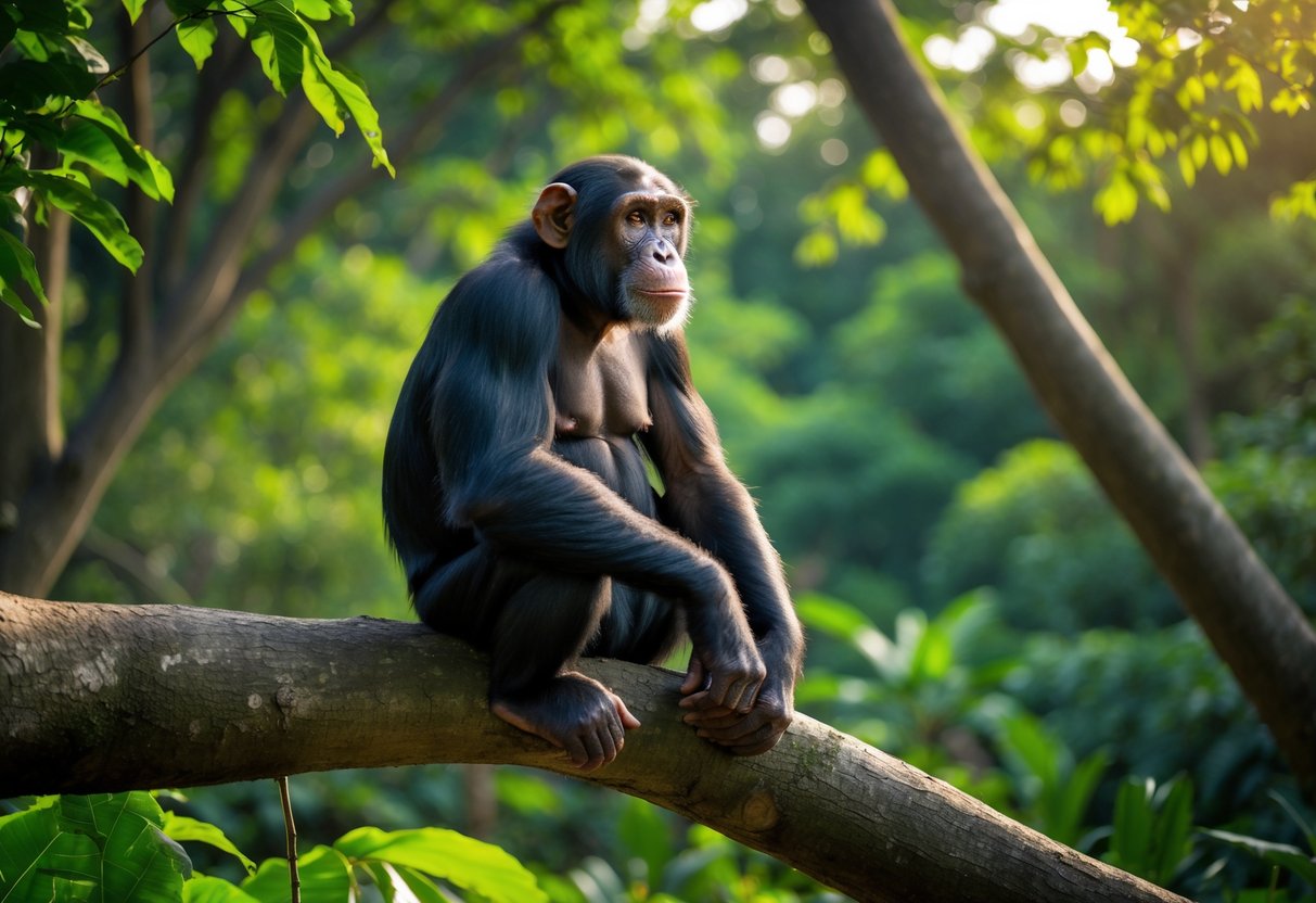 A mature chimpanzee sitting on a tree branch in a green forest, looking thoughtfully into the distance.