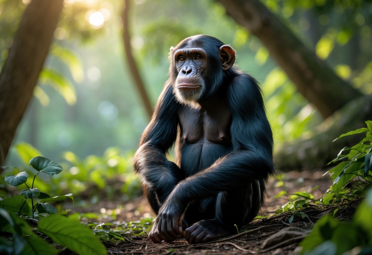 A mature chimpanzee sitting on the forest floor surrounded by green plants, looking thoughtfully into the distance.