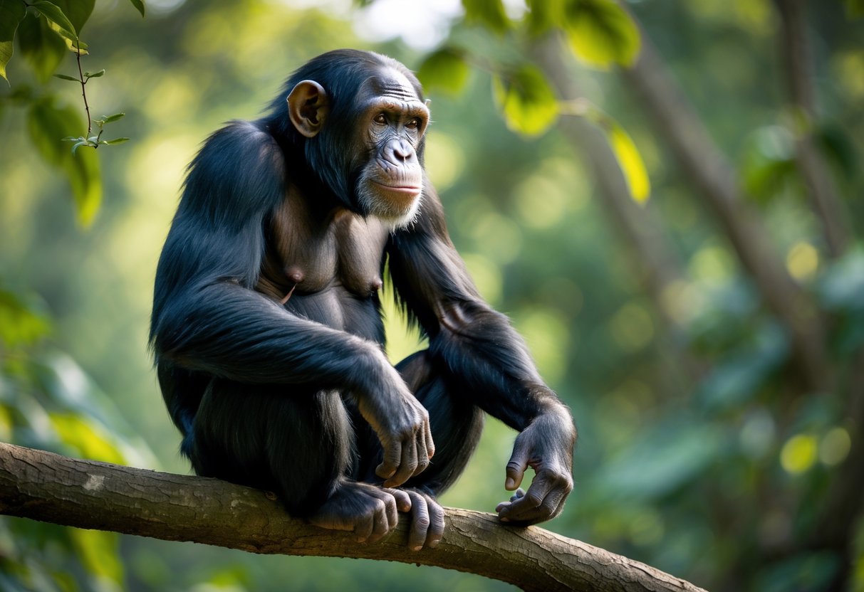 A mature male chimpanzee sitting on a tree branch in a forest surrounded by green leaves.