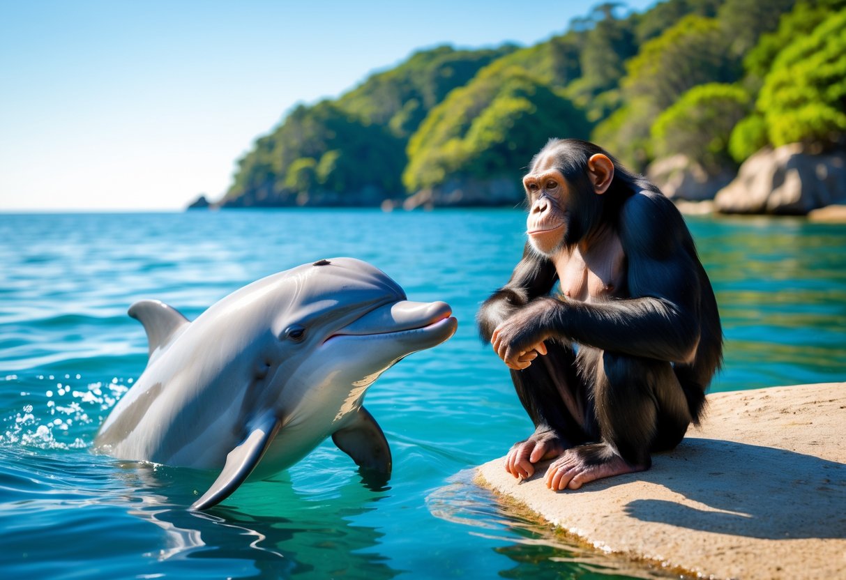 A dolphin in the ocean and a chimpanzee sitting on a rock near the water, looking at each other.