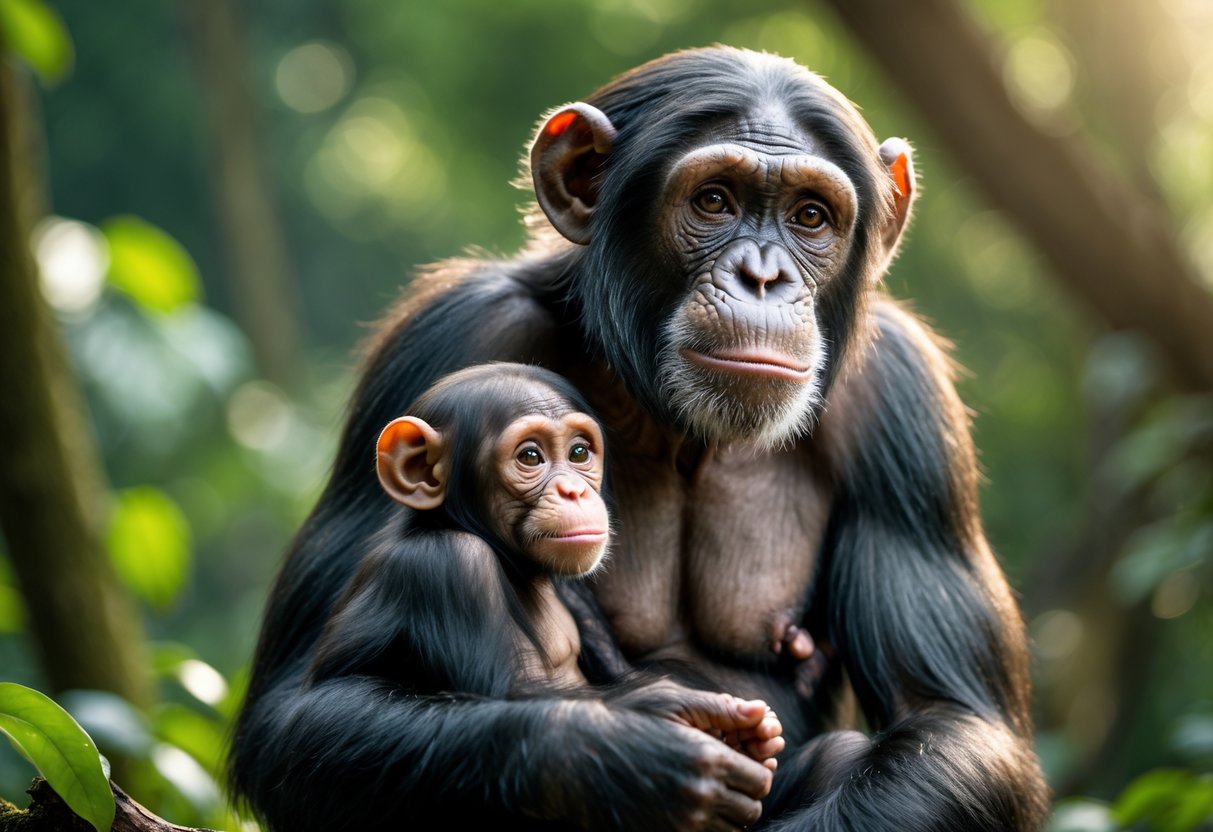 A chimpanzee mother holding her baby close in a forest setting.