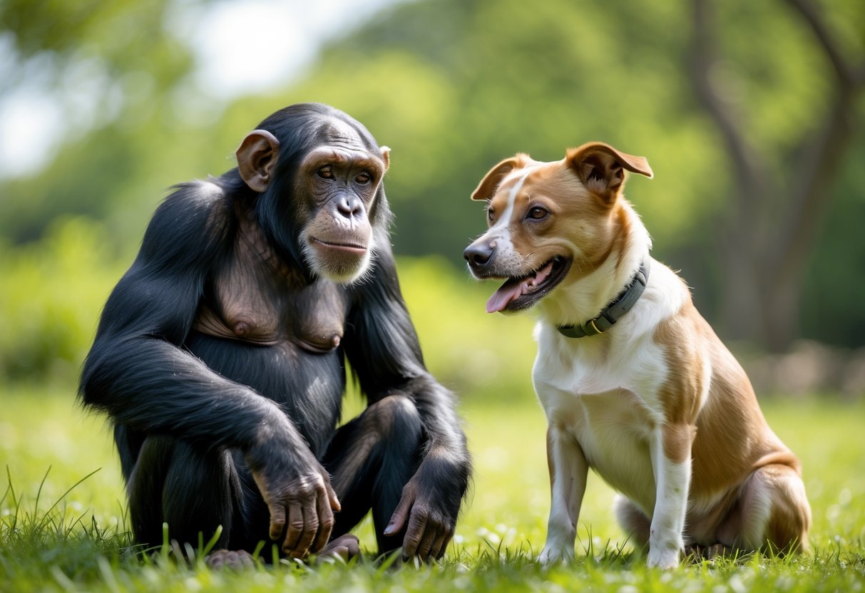 A chimpanzee and a dog sitting calmly on grass facing each other outdoors.
