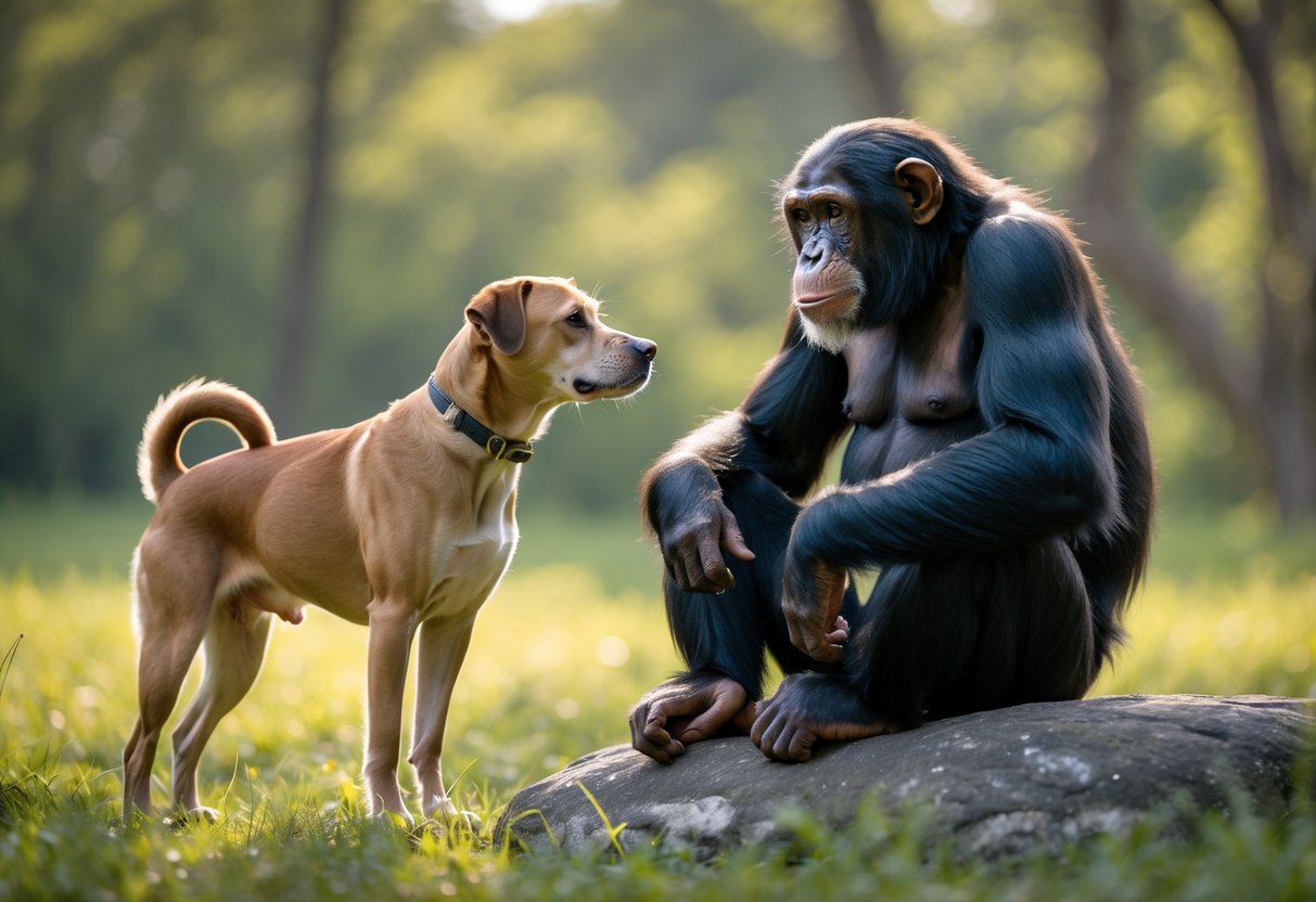 A chimpanzee sitting on a rock facing a medium-sized dog standing on grass in a sunlit forest clearing.