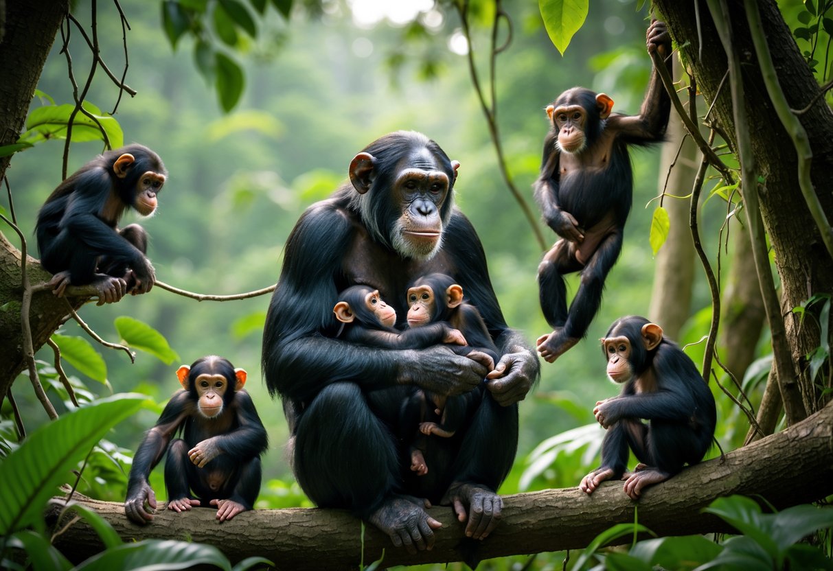 A mother chimpanzee sitting in a forest surrounded by several chimpanzee infants and juveniles at different ages.