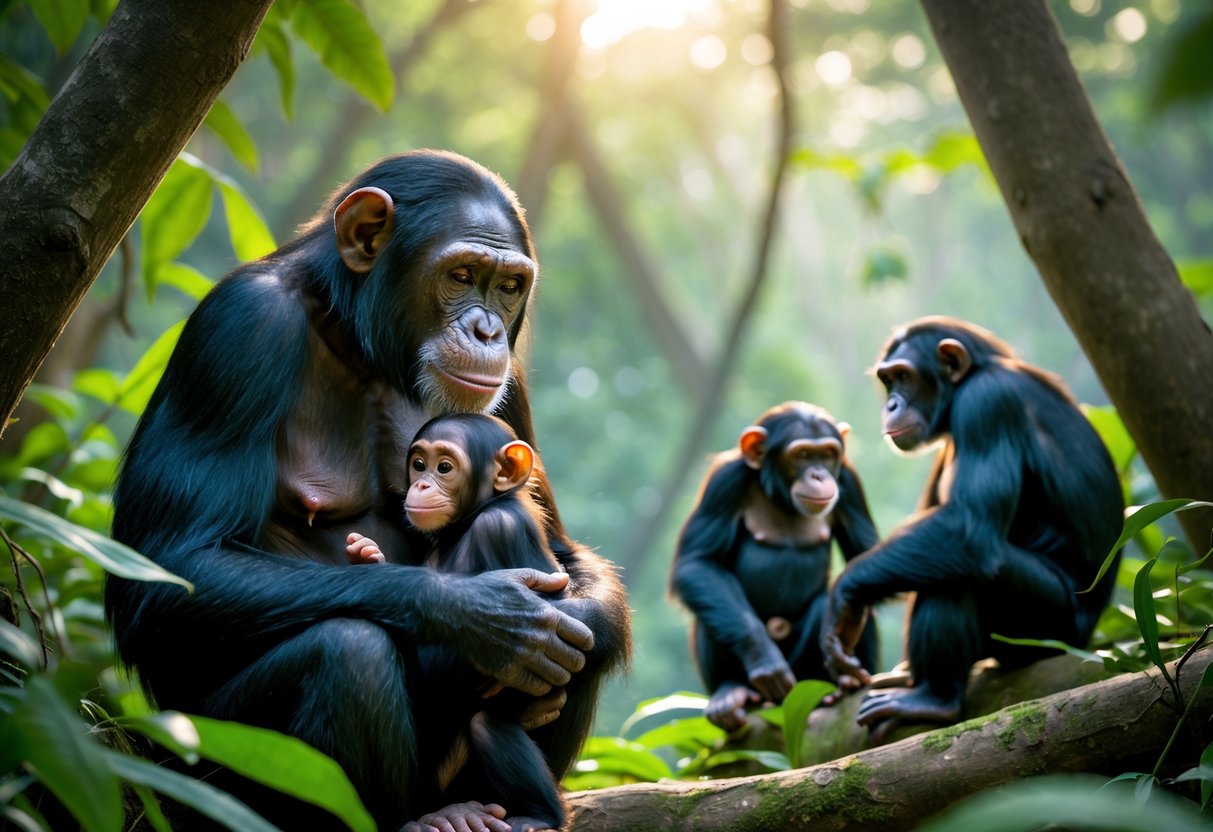 A mother chimpanzee holding her baby in a forest with other chimpanzees nearby.