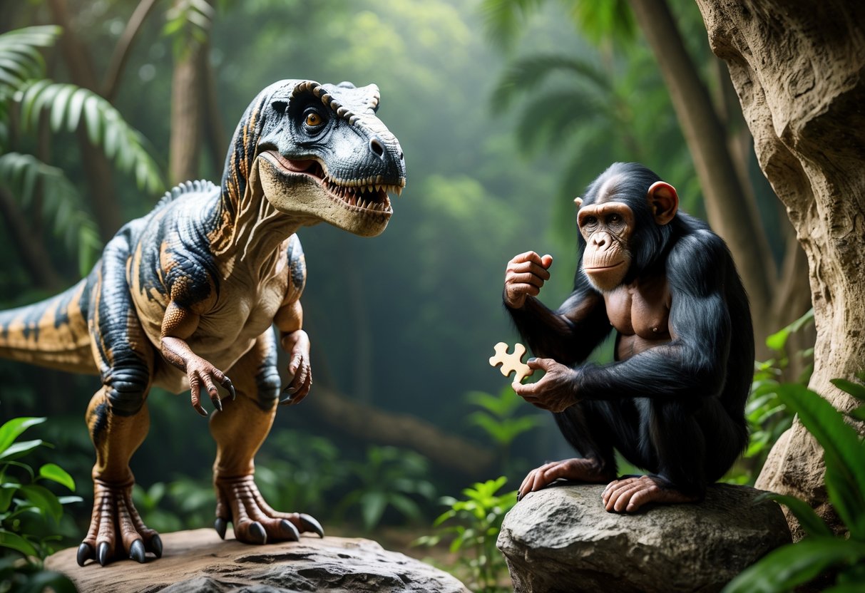 A T. Rex and a chimpanzee facing each other in a natural setting, with the chimpanzee holding a simple tool.