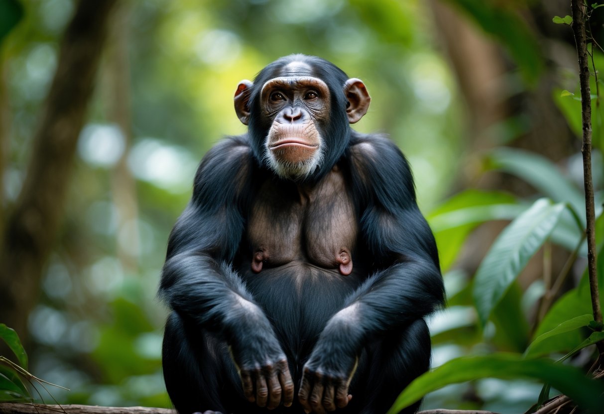 A chimpanzee sitting thoughtfully in a green jungle environment.