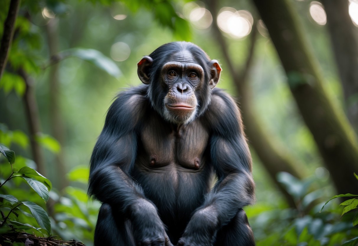 A young adult chimpanzee sitting calmly in a green forest environment.