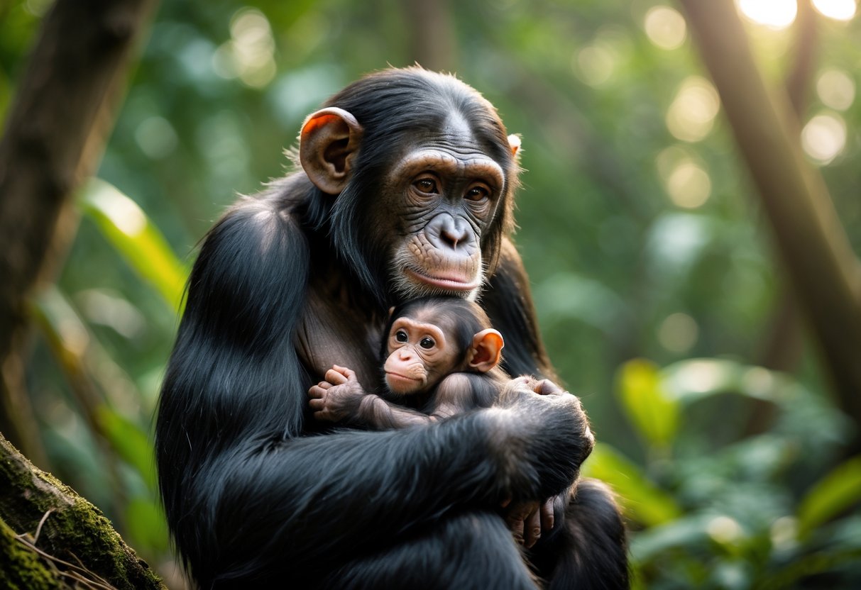 A female chimpanzee gently holding her infant in a green forest setting.